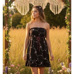 Vintage Sfazi Black Strapless Mini Dress with Pink Floral Vine Embroidery